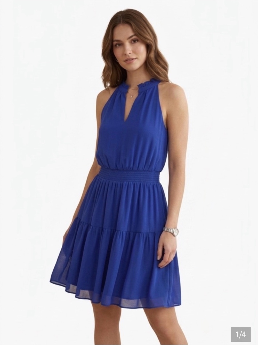 Vince Camuto Cobalt Halter Tiered Smocked Waist Dress